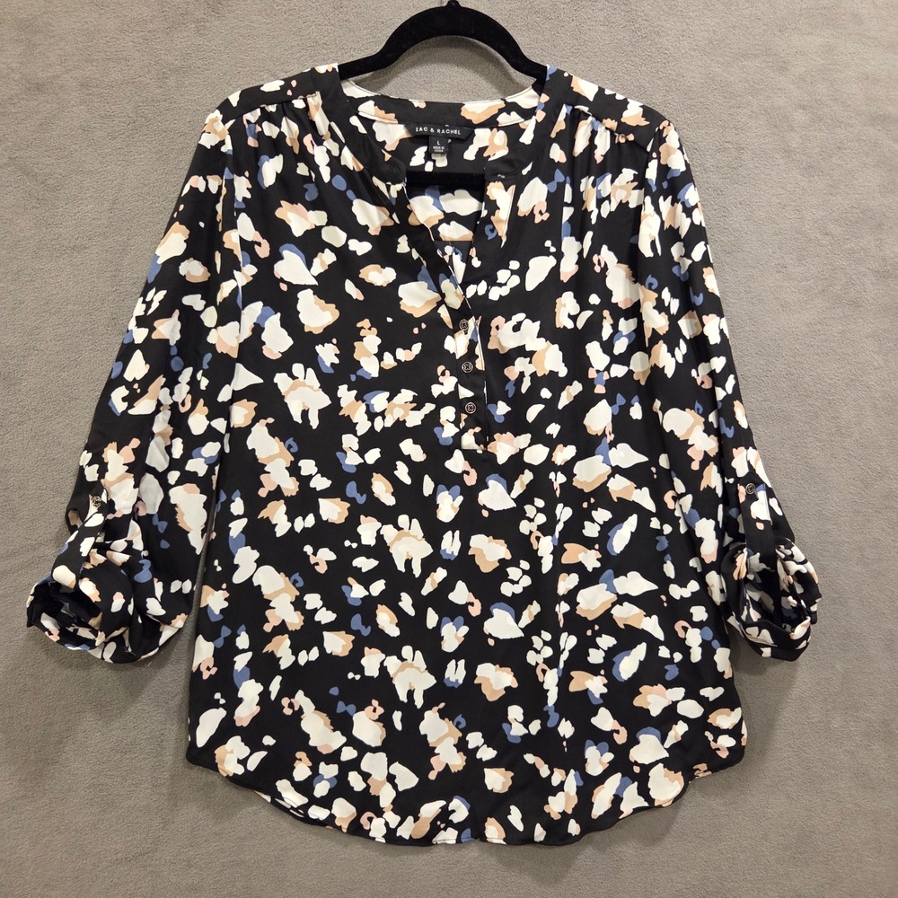 Zac & Rachel Abstract Blouse Women's Large Roll Tab Sleeve Career Office Chic